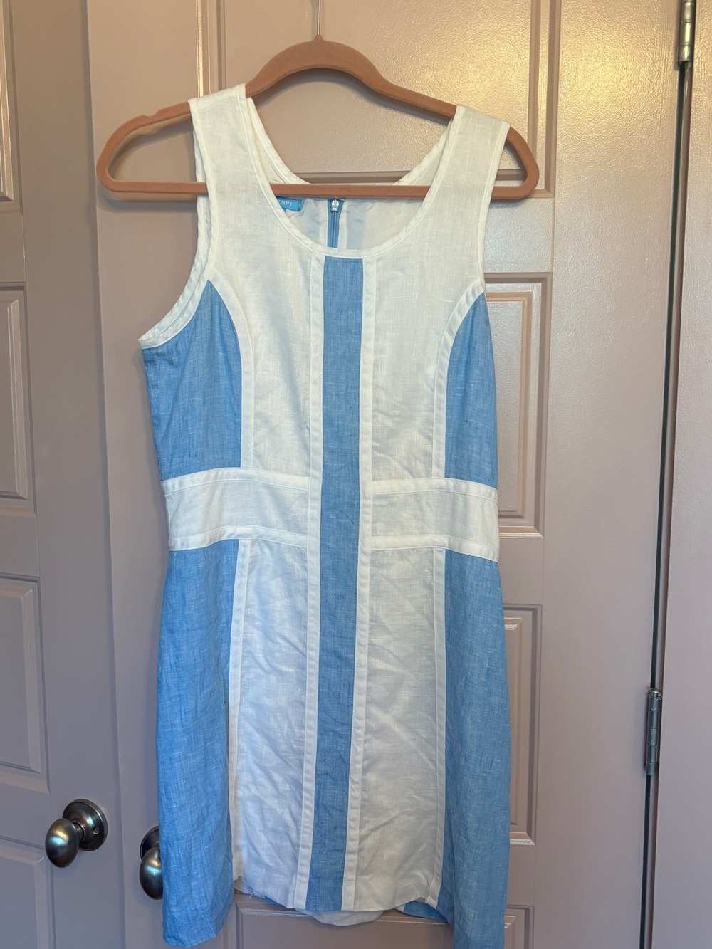 Island Company White and Light Blue Sleeveless Linen Colorblock Dress